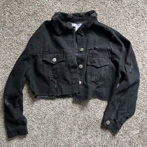 Black Distressed Crop Denim Jean Jacket. Size Large